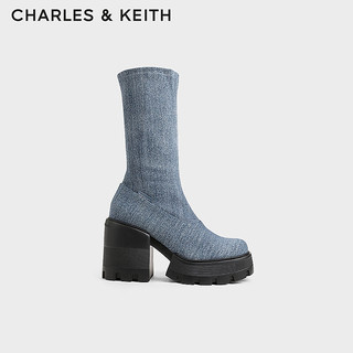 CHARLES&KEITH24秋季厚底侧拉链弹力靴瘦瘦靴女CK1-90360405 Denim Blue深牛仔蓝色 38