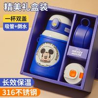 Disney 迪士尼 儿童保温杯双盖礼盒装便携学生上学喝水壶吸管杯男孩