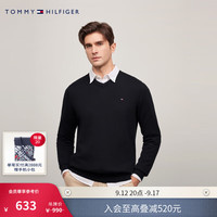 TOMMY HILFIGER【纯色V领】男纯棉休闲打底衫针织毛衣J8323/57349 【小V领绣标毛衣】-黑色083 XL