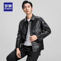 罗蒙男士时尚翻领短款PU皮衣2024秋季休闲百搭纯色夹克外套男 黑色 175 (适合120-140斤)