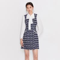 早春小香风格子花呢方领牛仔无袖连衣裙女