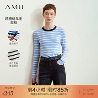 AMII2024冬休闲风圆领撞色拼接错落条纹毛衣女修身显瘦上衣 天空蓝 155/80A/S
