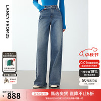 朗姿纯棉牛仔裤时尚气质2024年冬季高级感休闲高腰阔腿直筒裤 藏蓝色 L