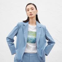 春季天丝羊毛雾霾蓝西装外套女