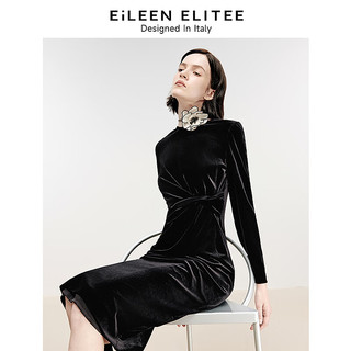 朗姿欧洲EiLEEN ELITEE2024冬裙子复古丝绒收腰中长款连衣裙 黑色 L