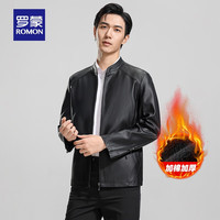 罗蒙（ROMON）男士时尚翻领短款PU皮衣秋季百搭休闲纯色夹克外套男 黑色 195