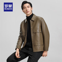 罗蒙男士时尚翻领短款PU皮衣2024秋季休闲百搭纯色夹克外套男 卡其 195 (适合190-200斤)