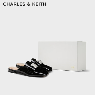 CHARLES&KEITH24秋金属扣亮面牛皮平底穆勒拖鞋女士SL1-71790038 Black Patent黑色 38