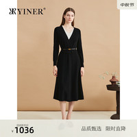 YINER音儿专选2024冬季美丽诺羊毛混纺V领假两件连衣裙 黑色 40