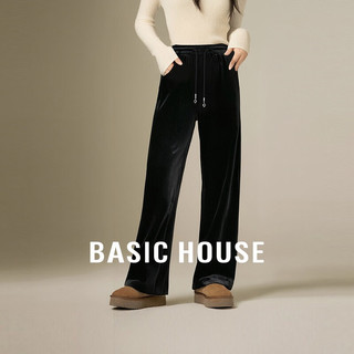 Basic House/百家好早秋灯芯绒阔腿休闲裤女显瘦纯色抽绳垂感长裤 黑色 L （120-130斤）