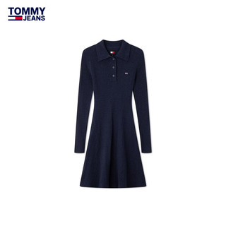 TOMMY JEANS24秋冬女装通勤复古绞花显瘦针织POLO连衣裙DW0DW19986 藏青色C1G L