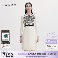 朗姿/LANCY2024秋重工刺绣丝毛高级收腰连衣裙长袖气质裙子女 米白色 S