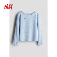 H&M童装女童T恤2024秋柔软舒适可爱印花修身长袖上衣1252064 浅蓝色/花朵 140/68