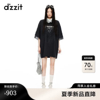 d'zzit 地素 DZZIT地素连衣裙2024夏季蕾丝设计少女运动风T恤裙 黑色 M