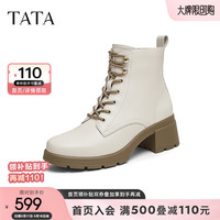 他她(TATA)休闲粗跟马丁靴女靴黑色通勤系带短靴2024冬7BU55DD4 米白 36
