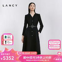 朗姿/LANCY24冬高级感羊毛V领收腰A字针织连衣裙气质裙子女 夜幕黑色 XL