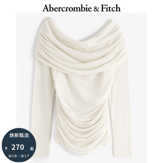 ABERCROMBIE & FITCH女装 24秋季辣妹气质荡领褶皱一字肩长袖T恤KI139-4767 奶白色 XS (160/84A)