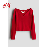 H&M童装女童2024秋季罗纹 V 领上衣1248678 红色 140/68 8-10Y