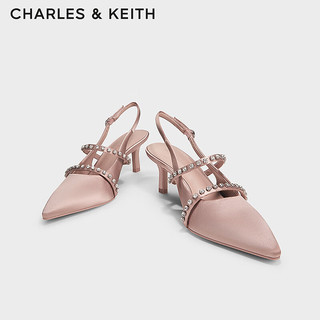 CHARLES&KEITH24秋季亮钻一字带尖头包头法式复古高跟凉鞋女CK1-61720199 Nude肉色 39