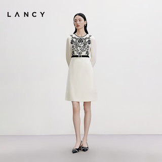 朗姿/LANCY2024秋重工刺绣丝毛高级收腰连衣裙长袖气质裙子女 米白色 3XL