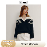 ELAND衣恋针织上衣女春季学院风翻领撞色针织毛衣上衣女 (19)Black