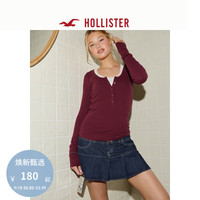HOLLISTER24秋季辣妹美式修身纯色亨利长袖T恤 女 KI339-3870 酒红色 S (165/88A)