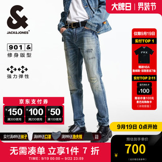 杰克·琼斯（JACK&JONES）秋季时尚百搭舒适衣身磨破长裤子弹力修身牛仔裤男224332027 中牛仔蓝E42 中牛仔蓝E42 185/88A/XLRW