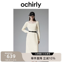 ochirly欧时力方领针织连衣裙收腰复古高级感24秋冬季通勤 米白 L