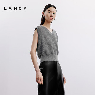 朗姿/LANCY2024秋季灰色羊毛镂空无袖针织马甲v领简约背心女 深灰色 L