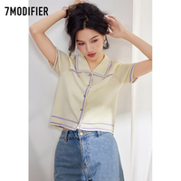 百亿补贴：7M 2024年夏装针织衫短袖衬衫薄款修身撞色拼色polo领法式上衣