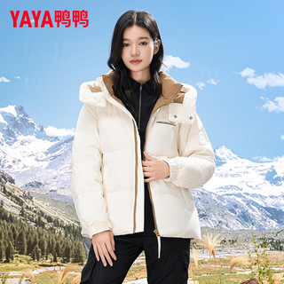 鸭鸭（YAYA）王一博明星同款羽绒服女男女同款2024短款潮流工装外套 米白色 180/96A(XL)