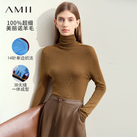 AMII2024冬高领堆堆领可机洗全羊毛毛衣女无缝一体百搭12414007 橄榄色 165/88A/L
