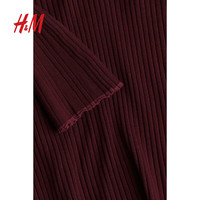 H&M童装女童连衣裙2024秋新中式风罗纹针织连衣裙1248071 深红色 130/64 6-8Y