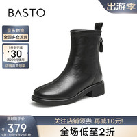 百思图24冬简约通勤时装靴粗跟圆头女短靴M5108DD4 黑色 37