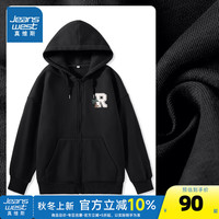 真维斯女装2024秋季简约舒适字母图案牛奶丝连帽卫衣开衫JR 黑8010 180/100A/XXL