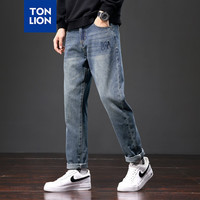 唐狮 TONLION男牛仔裤2024秋季百搭哈伦牛仔长裤WP 复古蓝 33