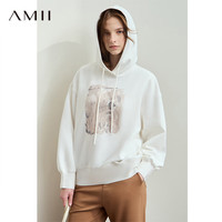AMII2024秋印象派艺术印花连帽宽松空气层卫衣女落肩袖12413019 米白 165/88A/L