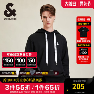 杰克琼斯 杰克·琼斯（JACK&JONES）秋季时尚宽松飘带抽绳上衣男静奢风刺绣纯棉套头连帽卫衣男 E40 黑色 180/100A/L