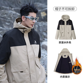 骆驼 CAMEL摇粒绒夹克外套男士加厚保暖户外运动登山服秋冬季M33CA6V129 灰卡其/幻影黑，男女同款 XL