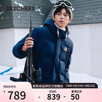 SKECHERS 斯凯奇 长版羽绒抽绳连帽立领保暖休闲外套L423M161 中世纪蓝/007D