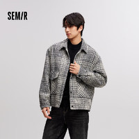 森马（Semir）毛呢夹克男小香风外套2024冬季夹棉上衣格纹潮 黑白色调00391 160/80A/XS