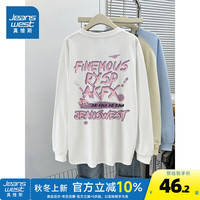 真维斯重磅纯棉长袖T恤2024秋季圆领宽松收口印花套头上衣G2 白色810A 170/88A/M