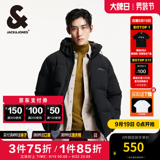 杰克·琼斯（JACK&JONES）男装秋冬字母刺绣保暖纯色短款连帽男士羽绒服蓬松鸭绒服外套男 E40 黑色 180/100A/L