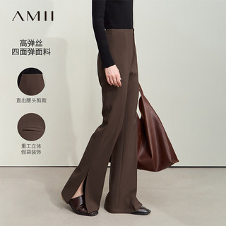 AMII2024秋通勤风微喇叭裤开叉休闲长裤女修身显瘦拖地裤子12443163 咖啡 160/68A/M