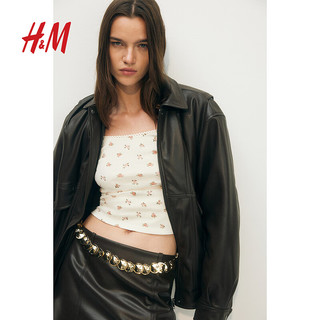 H&M2024秋季女装小环饰边棉质上衣1258014 浅米色/花卉 170/116