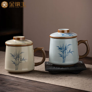 金镶玉 仿宋汝窑茶杯 陶瓷带过滤茶水杯马克杯办公家用泡茶茶具400ml礼盒 修竹天青仿宋汝窑办公杯