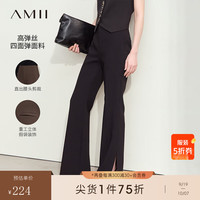 AMII2024秋通勤风微喇叭裤开叉休闲长裤女修身显瘦拖地裤子12443163 黑色 165/72A/L