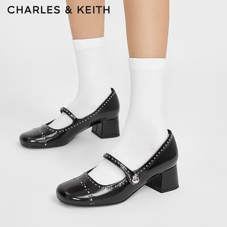 CHARLES&KEITH24冬法式粗跟铆钉玛丽珍鞋单鞋女士CK1-60280433-1 Black Box黑色 39