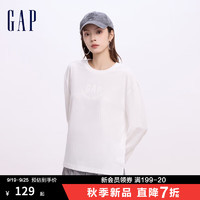 Gap女装2024初秋麦穗印花下摆开叉长袖T恤纯棉百搭上衣637566 白色 165/84A(M) 亚洲尺码