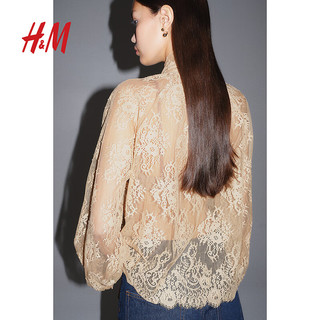 H&M2024秋季新款女装领口系带蕾丝上衣1258985